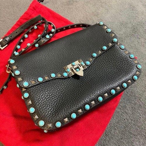 VALENTINO GARAVANI Women Turquoise Studs Shoulder Bag Black Leather Blue