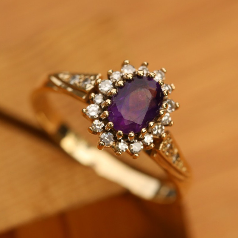 Purple Stone & Diamond Flower Ring