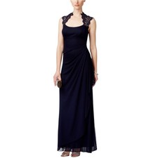 XSCAPE Blue Evening Gown Lace and Chiffon Cap Sleeve Long Column Dress Size 14P