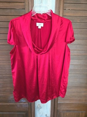 Ann Taylor Loft Womens Red 100% Silk Blouse Sz XL Cowl Neck Short Capped Sleeves