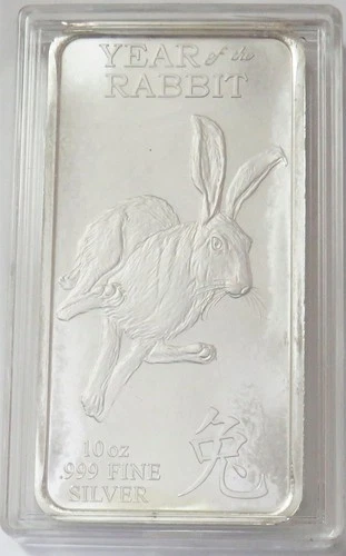 LUNAR YEAR OF THE RABBIT 10 oz 999 FINE SILVER BAR IN PLASTIC CASE