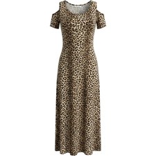 Grecerelle Leopard Print Cold Shoulder Maxi Dress Stretch Slit Brown Black Med