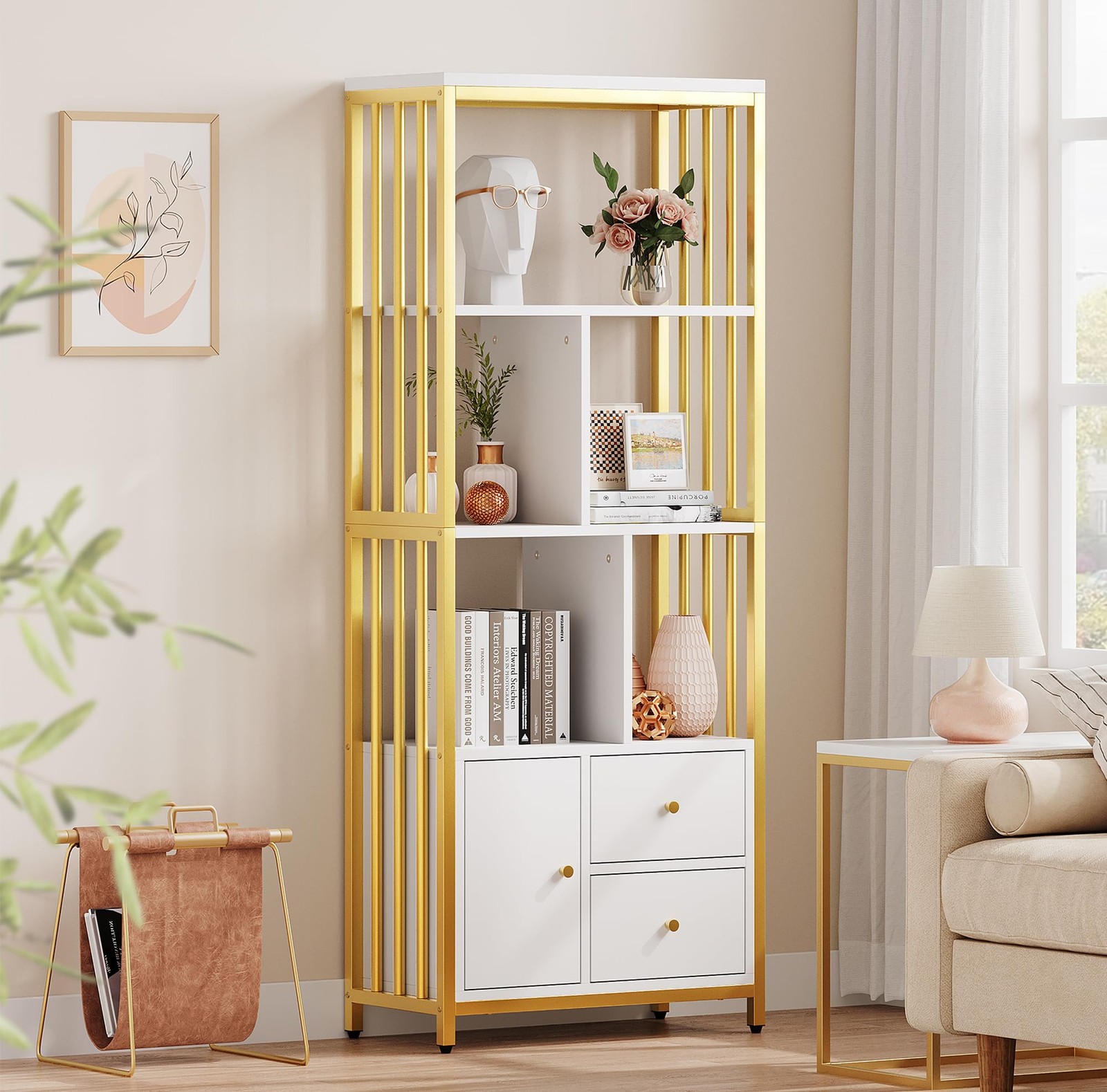 Bookshelf and Bookcase with Storage Cabinet and 2 Drawers 5 