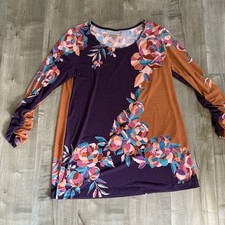 Graver Susan Graver Liquid Knit Blouse Small Tunic Purple Orange Floral Ruching