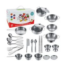 Tiny Classic Stainless Steel Kitchen Toys Cooking Utensils Set-Pret... Fast Ship