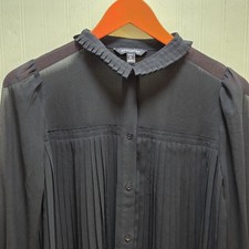 Banana Republic Blouse Womens Petite Small Black Pleated Ruffle Neck Sheer