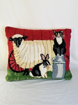 Hooked Wool Pillow Featuring Farm Sheep Rabbit and Cat
