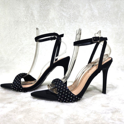 Dantiy Ankle Strap Black Puff Toe Rhinestone High Heels Stilleto Shoes