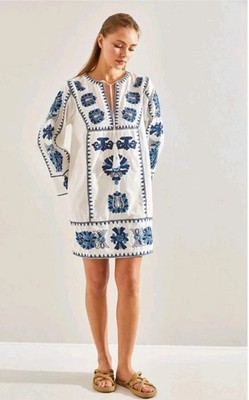 zara white and blue embroidered dress Zara Woman White Blue Embroidered Mini Kaftan Tunic Dress beach