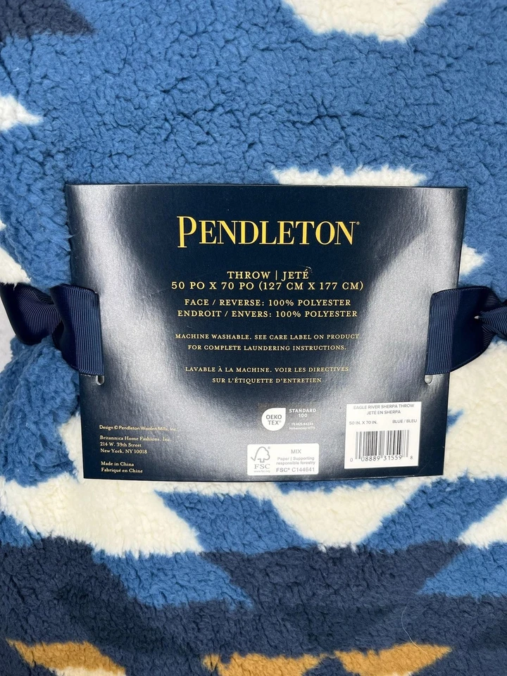 Pendleton Eagle River Sherpa Throw Blanket 50x70 Blue Tan Geometric Pattern NEW - Image 3 of 3