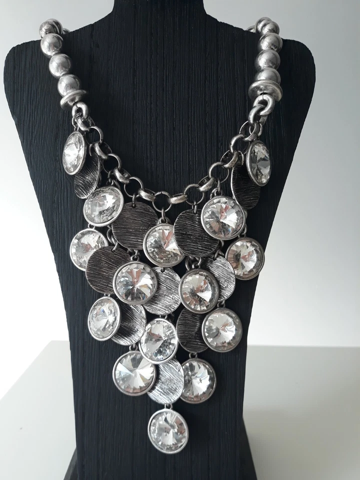 Colar Gargantilha Chico Discos de Strass Vidro Transparente Tom Prata Contas 16 polegadas-20 polegadas - Imagem 2 de 4