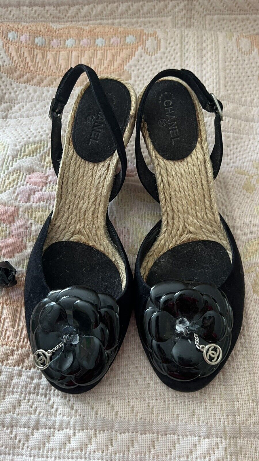 Chanel Leather Camellia Flower Flat Cork Sandals Size 7