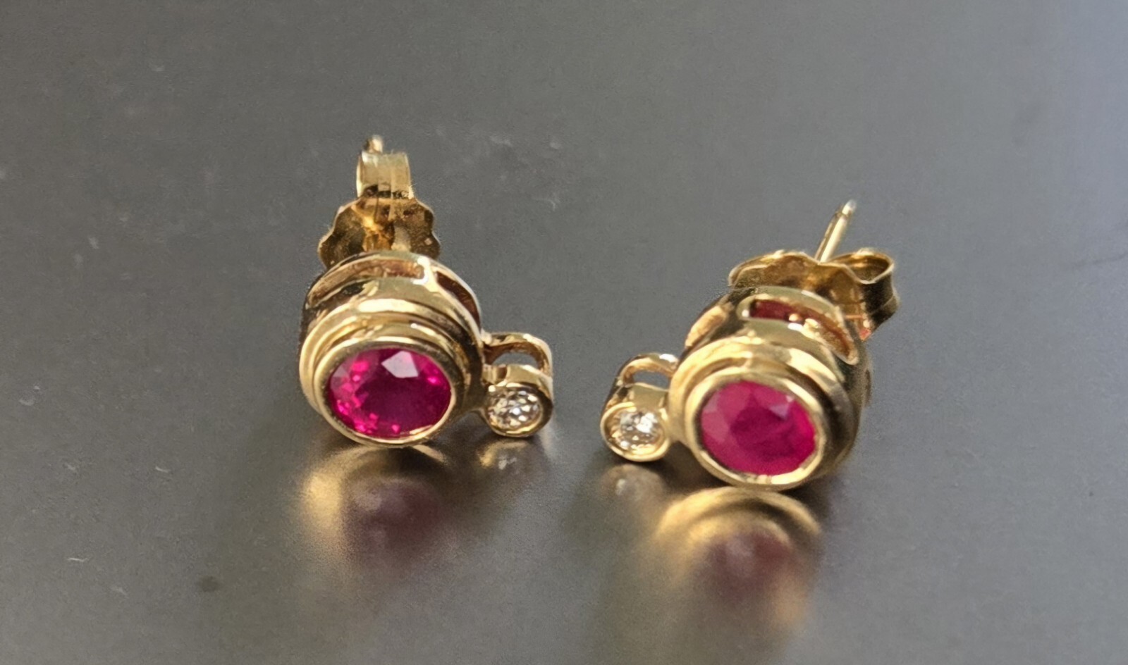 Solid 14K Yellow Gold Genuine Ruby Diamond Stud E… - image 1
