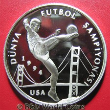 1993 TURKEY 50000 LIRA .68 OZ SILVER PROOF US  94 WORLD CUP SOCCER PLAYER BRIDGE