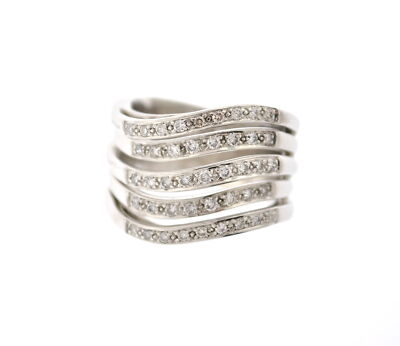 14K Weißgold Freiform Breitwelle Ring mit 5 Reihen Perlen besetzt Diamanten 1,00 ctw