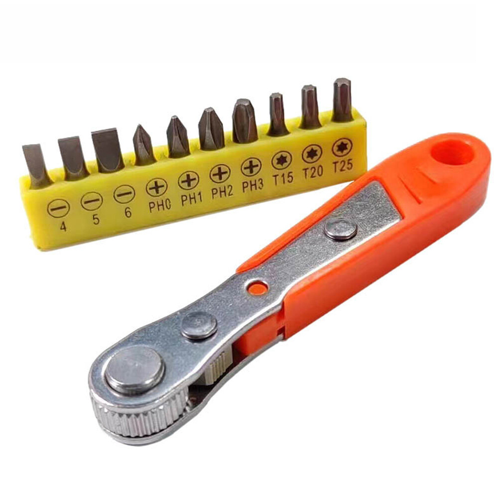 Ratcheting Right Angle Screwdriver Hex Drive 90 Degree Offset + 10pc Bits Set↔