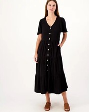 Vestido midi Susan Graver Pet mezcla de lino puro en capas con botones delanteros negro 2XP A5933