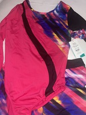 Danskin Now Girls Pink/Black Long Sleeve Leotard W Matching Shorts Asymmetrical