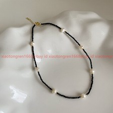 Natural 3mm Black Spinel  7-8mm White Baroque Pearl Gems Beads Necklace 18in