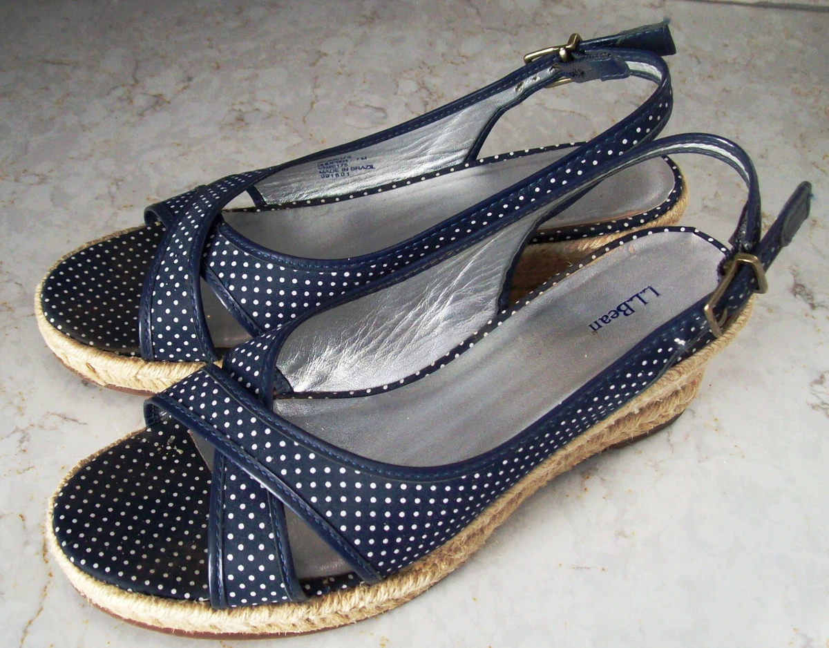 LL Bean Wedge Heel Espadrilles Sandals w Ankle Strap Blue Polka