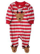 Carters Infant Boys Red  Gray Striped Reindeer Christmas Sleeper Pajamas
