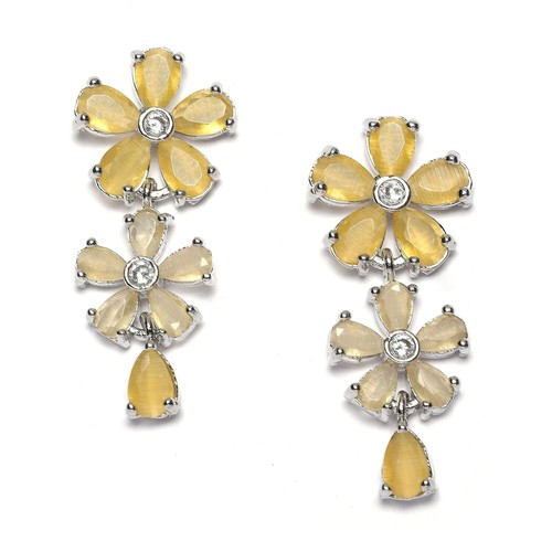 ZENEME Rhodium Plated Silver Toned American Diamond Studded Flower Shaped Set - Picture 37 of 37