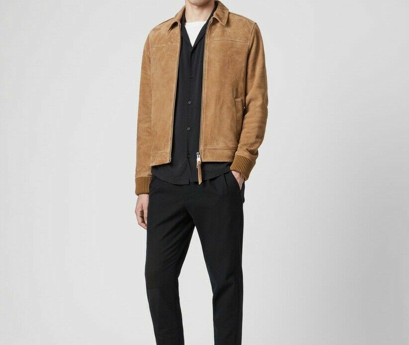 Men Genuine Lamb Suede Leather Rich Style Brown Bomber Jacket