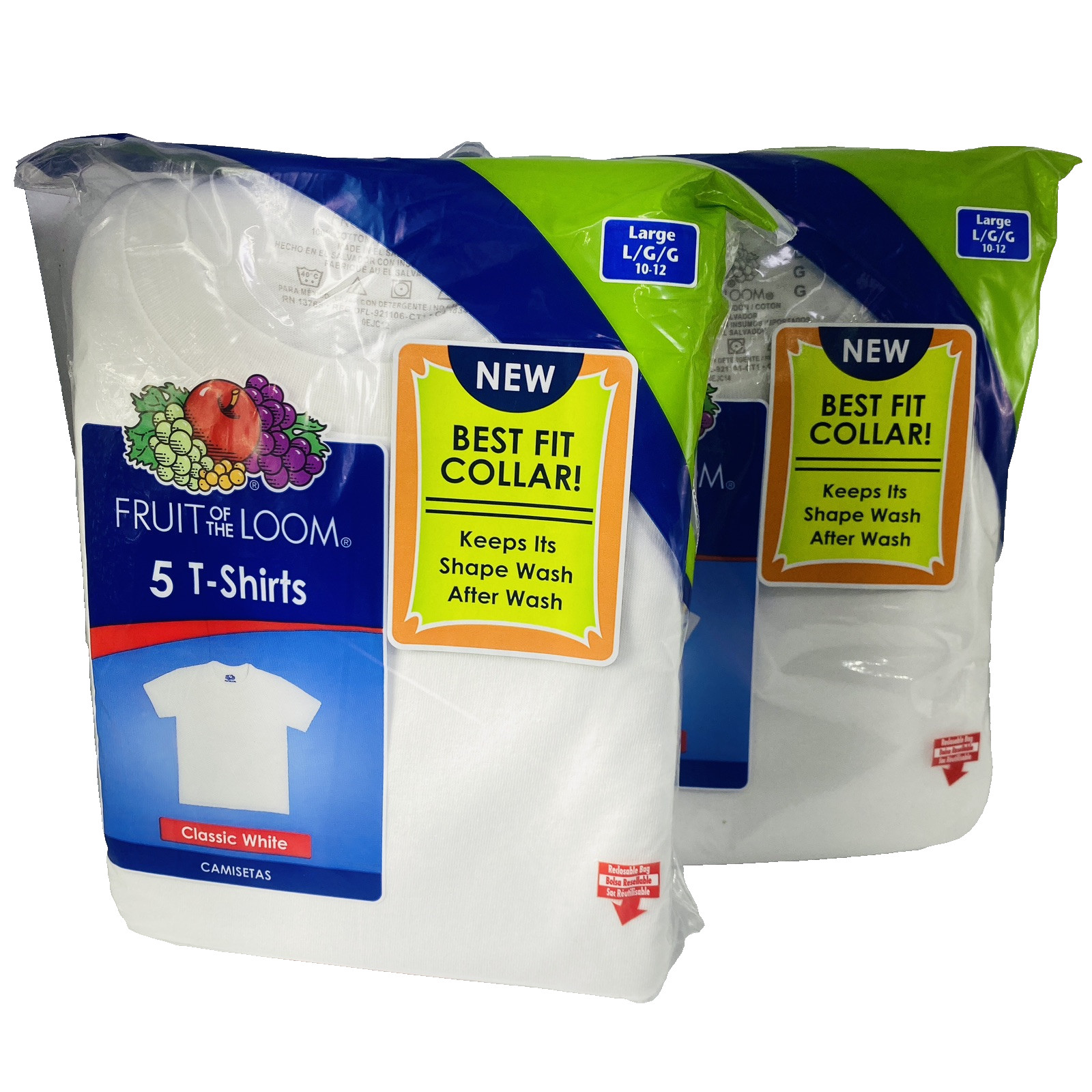 2 - New Sealed Fruit of the Loom 5 Boys Classic White Cotton T-shirts L 10-12