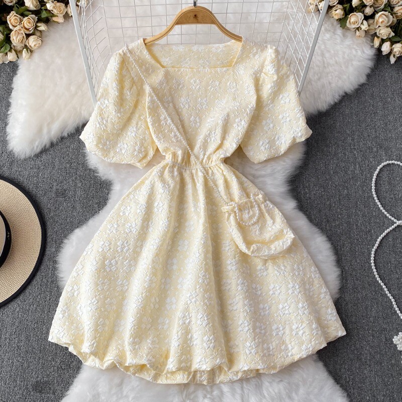 Women Girl Floral Short Puff Sleeve Dress Retro Fairy Princess Prom Sweet  Summer