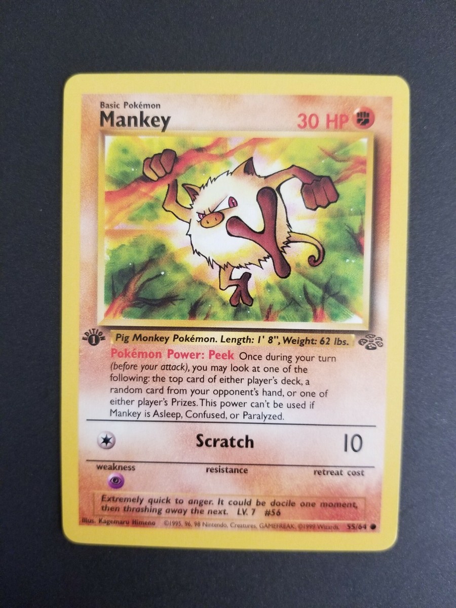 first edition mankey pokemon card Vintage 1999 Pokemon Mankey 1st Edition Jungle Card #55/64