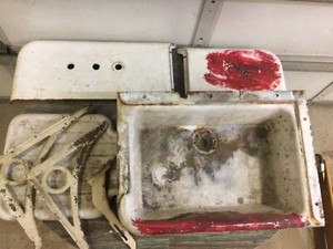 Vintage Koehler White Porcelain Cast Iron Corner Sink Drain Board Wall Brackets