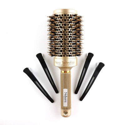 Hair Brush Blow Dry Round Ceramic Ionic Boar Bristle Barrel Brush w/ Clips