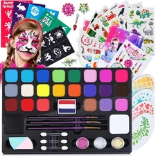 Face Painting Kit for Kids, 24 Colors Face Paint Kit with Stencils & Brushes, Wa