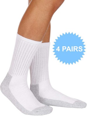 4 Pairs White Cotton Crew Socks with Reinforced Grey Bottom
