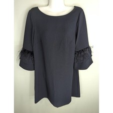 Tahari Navy Shift Dress 3/4 Feather Sleeves Size 10 Witchy Grunge