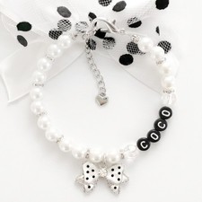 Personalize Pearl Dog Cat Necklace Collar with Polka Dot Bow Fancy Pet Jewelry