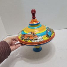 VINTAGE OHIO ART CO. TIN LITHO METAL SPINNING TOY TOP Race Cars 8 To 9 Inch