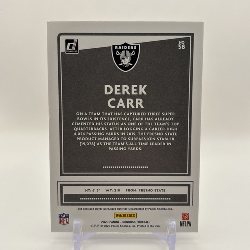 2020 Donruss Derek Carr Jersey Threads #38 Vegas Raiders - Picture 2 of 2
