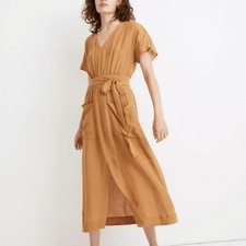 Madewell Linen-Blend Dolman-Sleeve Tie-Waist Midi Dress
