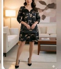 Ulla Johnson 100% Silk Tunic Dress Size 6 Horse Deer Print Black Pockets Quirky