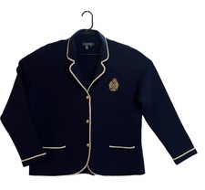 Vintage Lauren Ralph Lauren Blue and White Wool Blazer Crest Gold Buttons 2X EUC