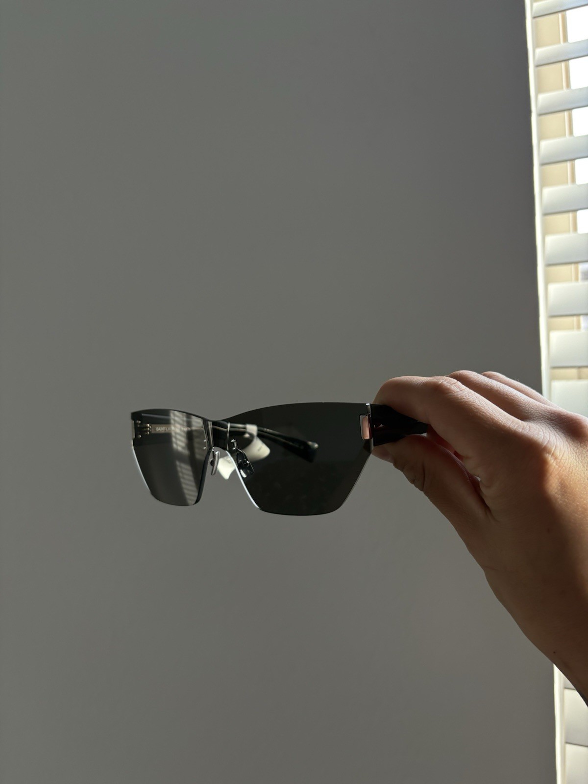 Saint Laurent Women's Rimless Shield Sunglasses Black Metal Gray Lens thumbnail 2