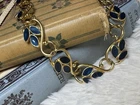 Vintage Trifari Gold-Tone Blue Enamel Leaf Necklace Designer Jewelry Choker