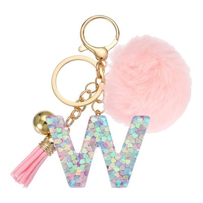 Alphabet Initial Letter Keychain Letter-W Cute Heart Resin Keyrings Pink