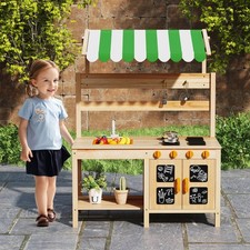 Kids Mud Kitchen Outdoor Wooden Pretend Play Kitchen w/ 4 Stoves CanopyFaucet