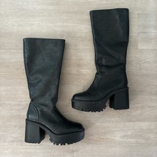 Y2K Black Knee High Platform Chunky Heel Round Toe Faux Leather Boots for Women