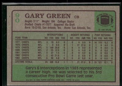 1984 Topps Gary Green #90 Kansas City Chiefs | eBay