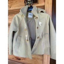 ZARA Big Kids Girls Cream Wool Button Down Hooded Coat Jacket SZ 9-10Y