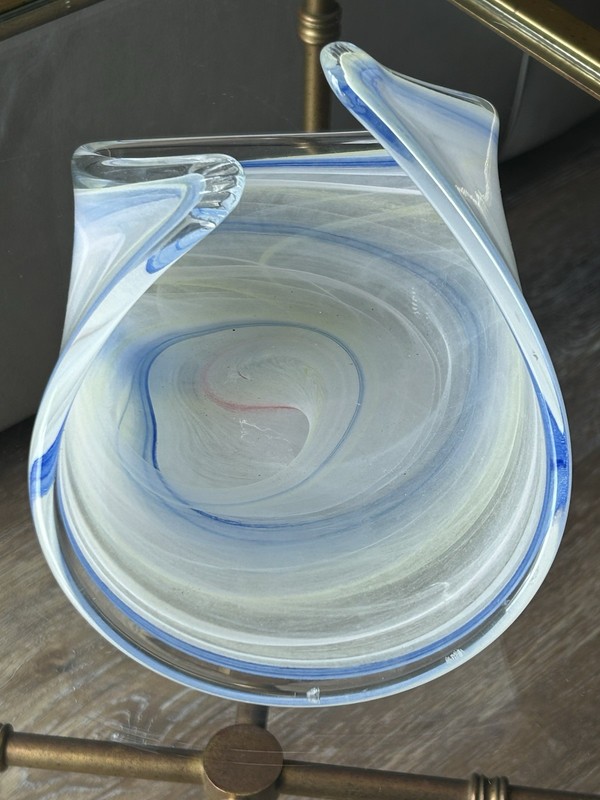 Murano glass bowl with blue, white and pale yellow swirl design