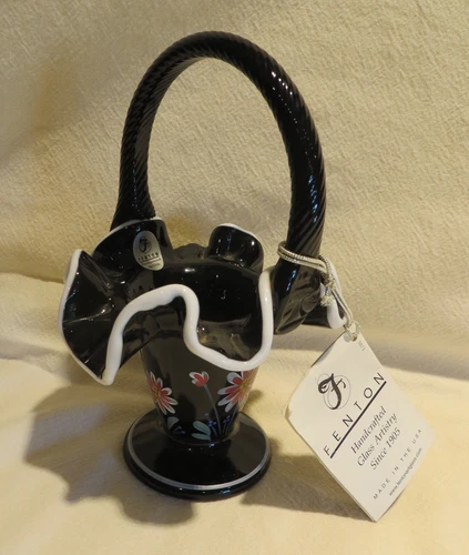 Vintage Fenton Signed Ruffled 6 1/4" Black Basket